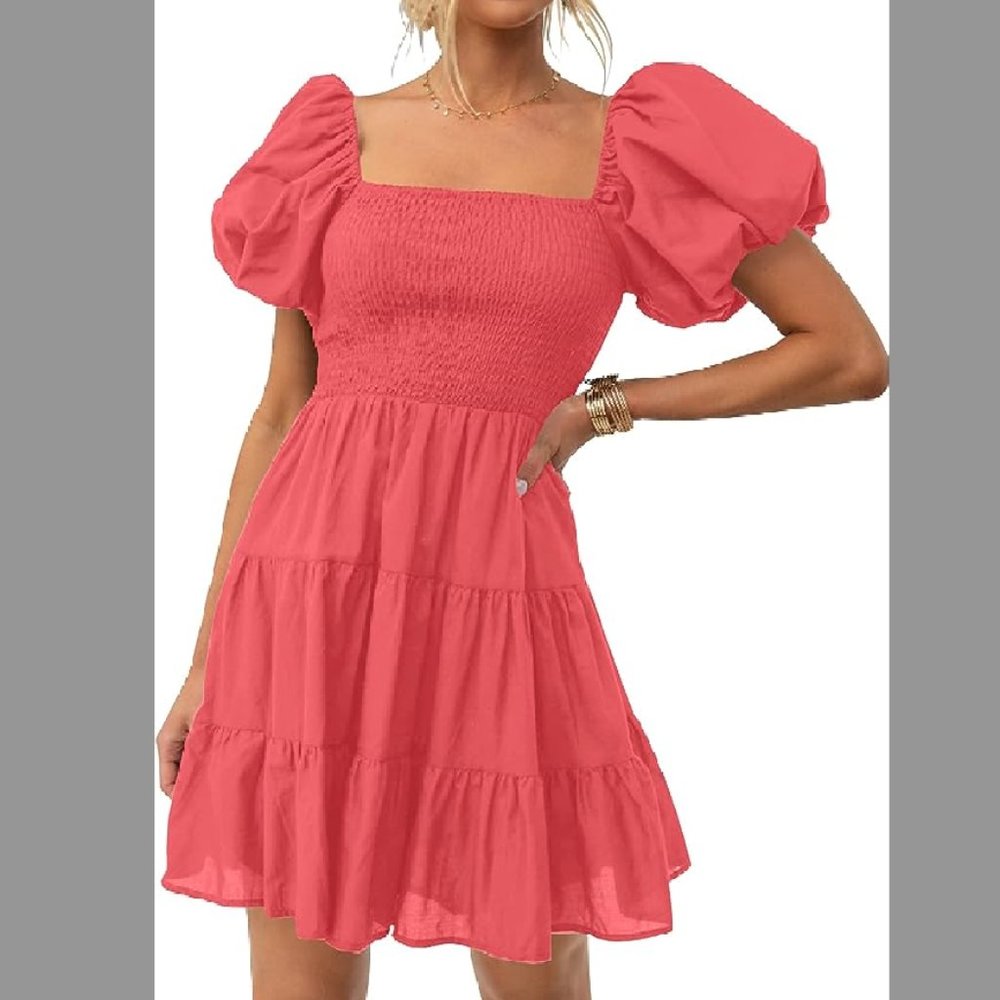 Pink Puff Sleeve Mini Dress w/Pockets (Size: M)